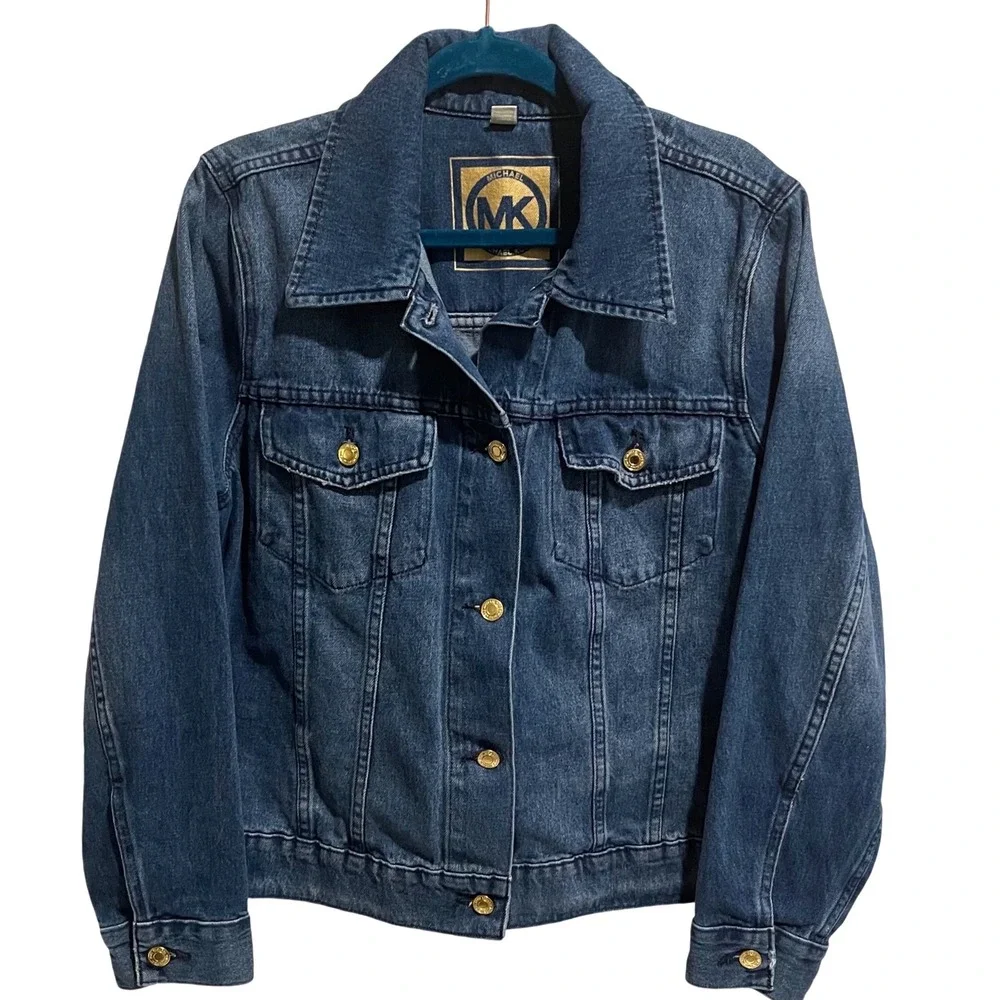 Michael Kors Denim Jacket Womens 1X Blue Classic Gold Button Trucker Jean Jacket